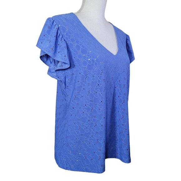 Michael Kors Eyelet Lace Ruffle Short Sleeve Blue Womens Large V Neck Floral - Picture 6 of 8